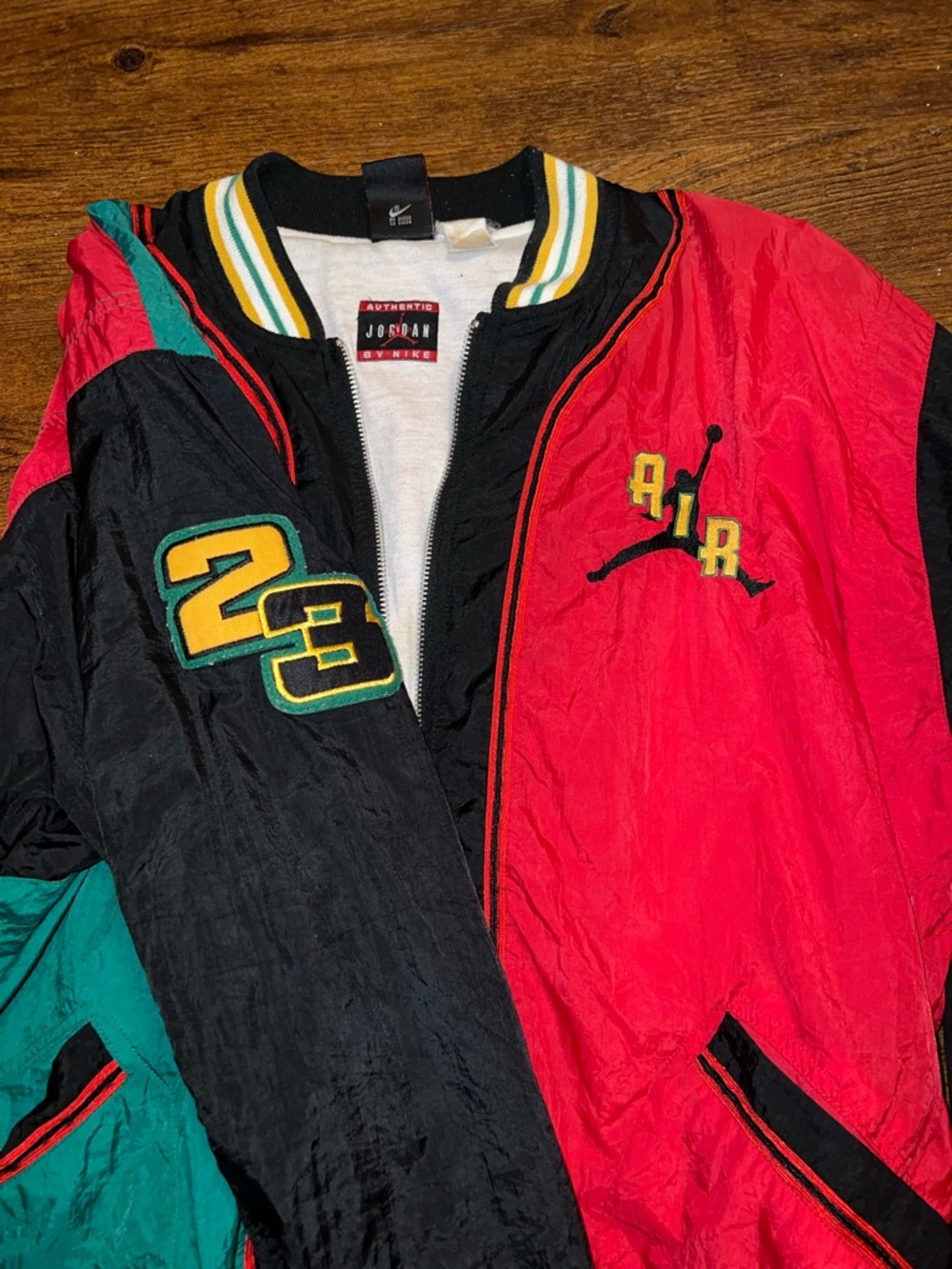 90s Rare Nike Air Jordan Black Red Green Bomber Zip Up Nylon Jacket Size XL - Picture 6 of 14